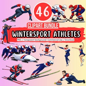 May include: A digital clipart bundle featuring 46 winter sport athletes in action. The athletes are depicted in various winter sports, including ice hockey, skiing, and curling. The image includes the text "Winter Sport Athletes" and "Clipart Bundle".