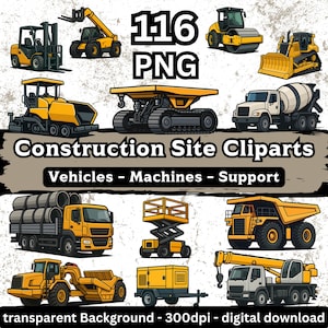 Puede incluir: Un conjunto de 116 cliparts PNG de obras de construcción, que incluyen varios vehículos y maquinaria. Las ilustraciones incluyen una carretilla elevadora, una excavadora, un rodillo, una excavadora, una hormigonera y camiones volquete. El texto dice "Construction Site Cliparts".