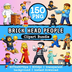 Könnte beinhalten: Ein digitales Clipart-Bundle mit verschiedenen Figuren im Ziegelstil in verschiedenen Berufen und Aktivitäten. Das Bild zeigt einen Imker, Basketballspieler, Cheerleader, DJ, Polizisten und andere. Der Text lautet "BRICK HEAD PEOPLE Clipart Bundle" und "150 PNG".