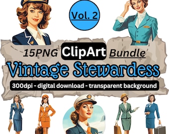 Vintage Stewardess Clipart Bundle Vol.2, Flight Attendant Clip Arts, Air Travel, 15 Transparent PNG Illustrations, Hobby DIY, Digital Download
