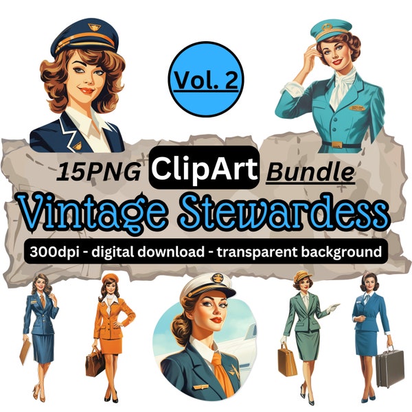 Vintage Stewardess Clipart Bundle Vol.2, Flugbegleiterin Clip Arts, Flugreise, 15 transparente PNG-Illustrationen,Hobby DIY,digital download