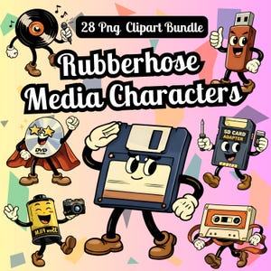 Könnte beinhalten: Digitale Illustration mit Cartoon-Charakteren von Mediengeräten. Enthält eine Schallplatte, DVD, Diskette, USB-Stick, SD-Kartenadapter, Filmrolle, Kassette und den Text "Rubberhose Media Characters".