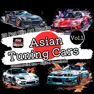 Könnte beinhalten: Ein digitales Kunstpaket mit 20 asiatischen Tuning-Autos. Die Autos sind in verschiedenen Farben und Stilen gehalten, darunter Rot, Blau und Schwarz. Der Text "JDM Nippon" und "Asian Tuning Cars Vol.1" ist auf dem Bild zu sehen.
