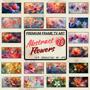Könnte beinhalten: Set mit 20 abstrakten Blumen-Digitaldrucken in verschiedenen Farben und Stilen. Die Drucke sind gerahmt und bereit zum Aufhängen.  PREMIUM FRAME TV ART Abstrakte Blumen 16:9 - 3840x2160 - 4K - JPG