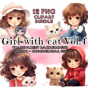 Girl with Cat Clipart Bundle Vol.4, Girl with Cat Watercolor+other styles clipart, transparent PNG, Commercial use, Hobby DIY, kids