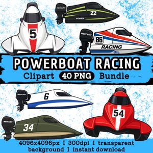 Könnte beinhalten: Ein Set mit 40 Clipart-Bildern von Powerboot-Rennen. Die Boote sind in verschiedenen Farben, darunter Rot, Weiß, Blau, Grün und Schwarz. Jedes Boot hat eine Nummer an der Seite und einige haben zusätzlichen Text, wie "Racing" oder "Mercury". Die Bilder sind im Cartoon-Stil gehalten und eignen sich perfekt für die Verwendung in digitalen Projekten.