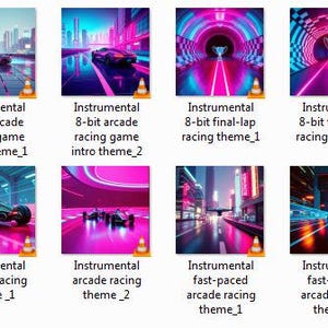 May include: A collection of digital art album covers featuring retro-style racing game themes. Each cover showcases vibrant neon colors, futuristic cityscapes, and race cars. Text includes "Instrumental" and various track titles.
