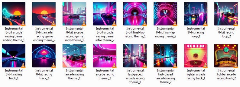 May include: A collection of digital art album covers featuring retro-style racing game themes. Each cover showcases vibrant neon colors, futuristic cityscapes, and race cars. Text includes "Instrumental" and various track titles.