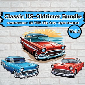 May include: A digital download bundle of 10 classic American car clip art images. The cars are red, blue, and orange and are set against a beach background with a sunset. The text "Classic US-Oldtimer Bundle" and "Vol.1" is included in the image.