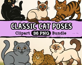 36 Cat Clipart – Classic Cat Poses PNG | Cartoon-style Stickers I Funny Cat Graphics I Commercial License I Download