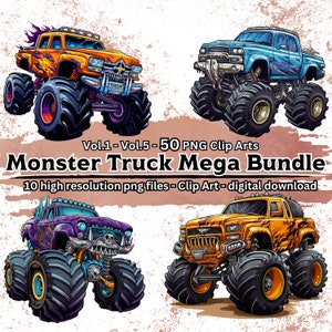 Monster Truck Clipart Mega Bundle, 50 PNG Clip Art Set, transparent background, digital download, commercial use, T-Shirt, Merchandise
