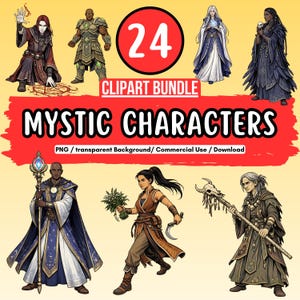 Könnte beinhalten: Ein digitales Clipart-Bundle mit 24 mystischen Charakteren. Das Bild zeigt verschiedene Fantasy-Figuren, darunter Zauberer, Krieger und mystische Wesen. Der Titel "MYSTIC CHARACTERS" wird prominent angezeigt, zusammen mit dem Text "PNG / transparent Background / Commercial Use / Download".