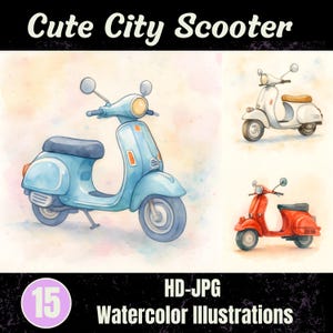 Puede incluir: Ilustraciones en acuarela de scooters en azul, blanco y rojo. La imagen incluye el texto "Cute City Scooter" y "15 Watercolor Illustrations". Los scooters tienen un diseño vintage.