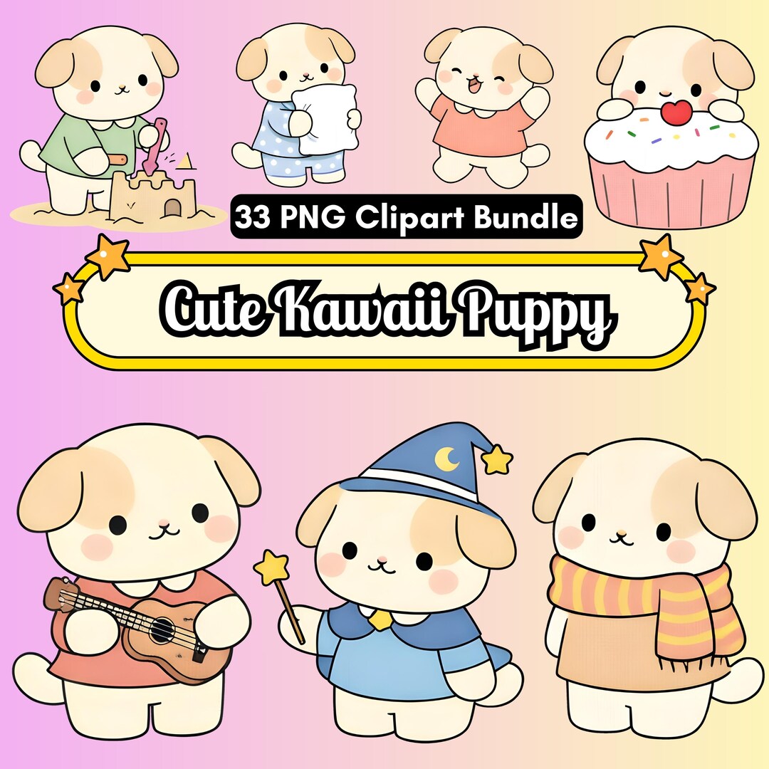 Kawaii Dog Clipart Bundle – 33 PNG Graphics – Cute Puppy Illustrations ...
