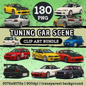 Könnte beinhalten: Eine digitale Illustration mit verschiedenen Tuning-Autos in verschiedenen Farben, darunter Gelb, Weiß, Rot und Schwarz. Der Text "130 PNG", "TUNING CAR SCENE" und "CLIP ART BUNDLE" ist enthalten. Der Hintergrund ist grün.