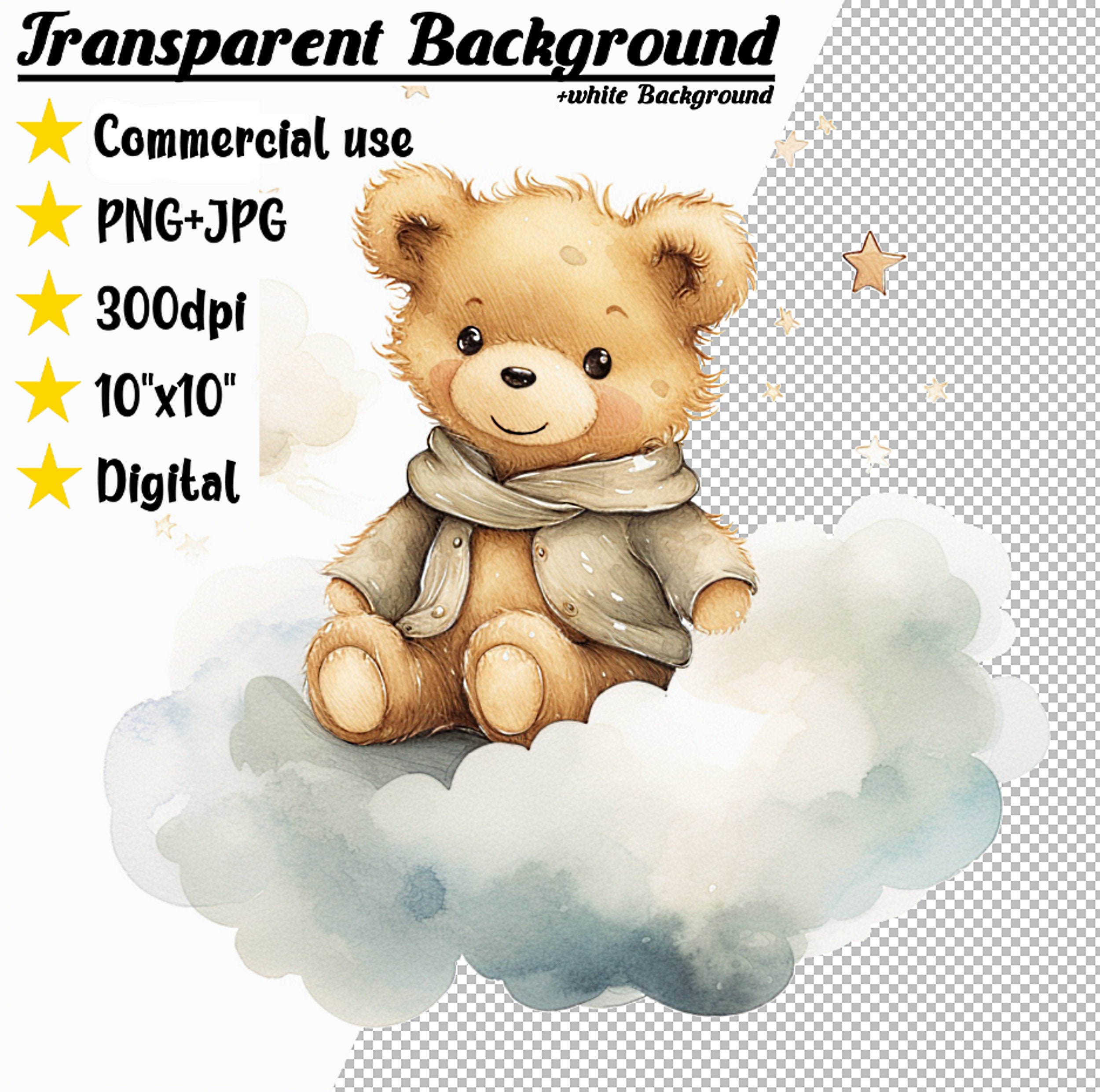 Teddy Bear on a Cloud Watercolor Clipart Bundle 15 PNGJPG Graphics,cute ...