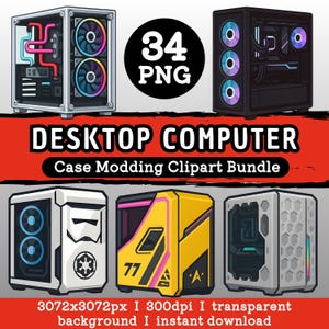 May include: A digital illustration featuring six desktop computer cases with various designs. The image includes the text "DESKTOP COMPUTER Case Modding Clipart Bundle" and "34 PNG". The cases are in black, white, and yellow with colorful accents.