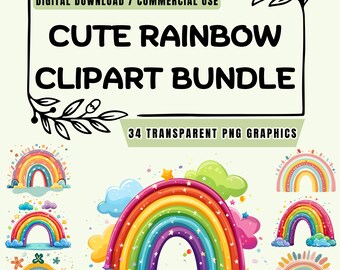 Rainbow Clipart Bundle, 34 high-quality transparent PNG graphics, Colorful Nature, DIY Cards, Hobby, instant download, commercial use