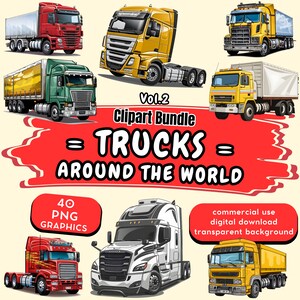 Op de afbeelding: Een set van 40 digitale clipart-afbeeldingen van vrachtwagens van over de hele wereld. De vrachtwagens zijn in verschillende kleuren, waaronder rood, geel, groen en wit. De vrachtwagens zijn allemaal in een cartoon-stijl en hebben een verscheidenheid aan ontwerpen. De clipart is perfect voor gebruik in projecten zoals scrapbooking, kaartmaken en digitaal ontwerp.
