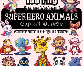 Superhero Animals Clipart Bundle – 100 Transparent PNG | Cute Animal Illustrations Kids Craft | Digital Download | Commercial Use