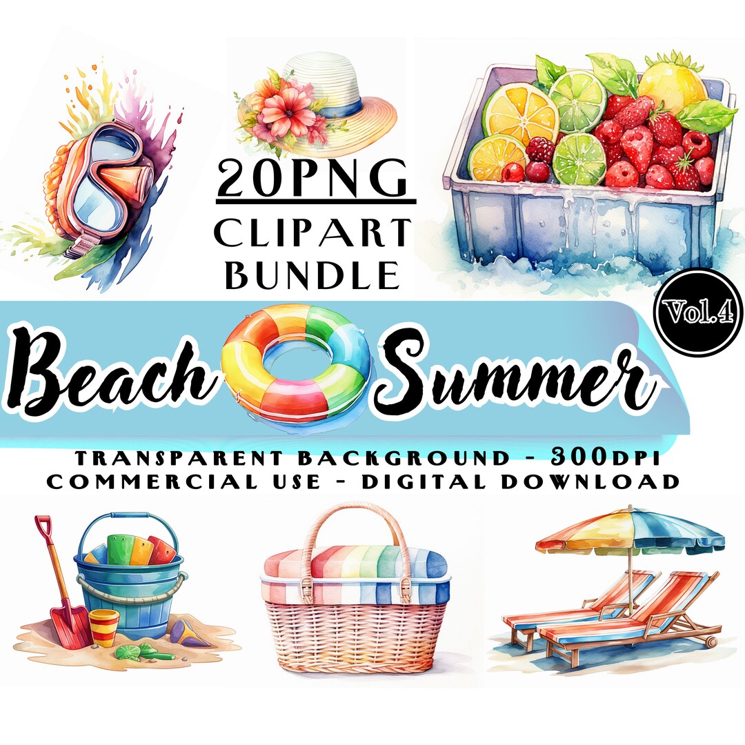 Summer Beach Clipart Bundle Vol.4, Summer Vacation Beach Watercolor ...