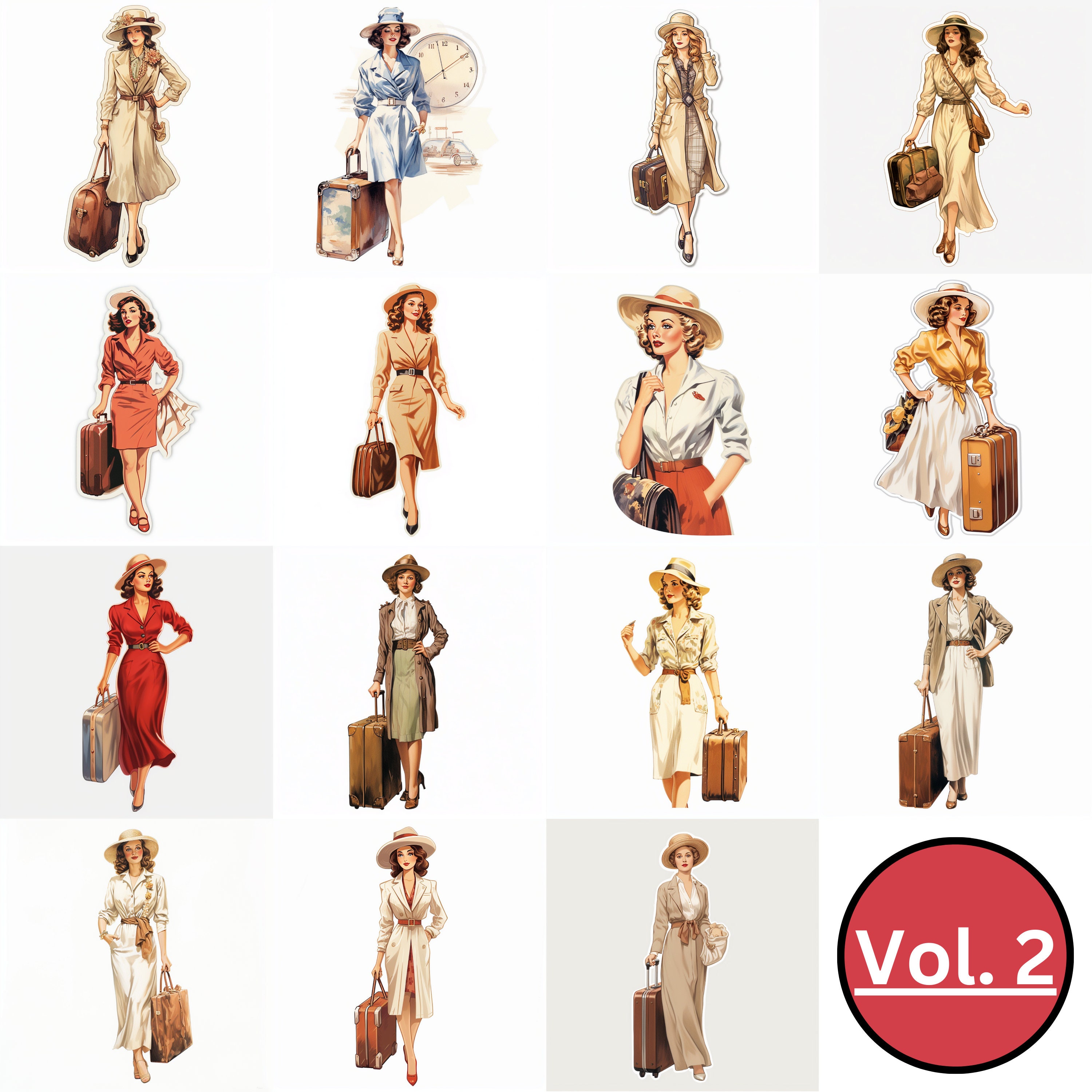 20th Century travel Lady Clipart Bundle Vol.2 Vintage Travel Etsy