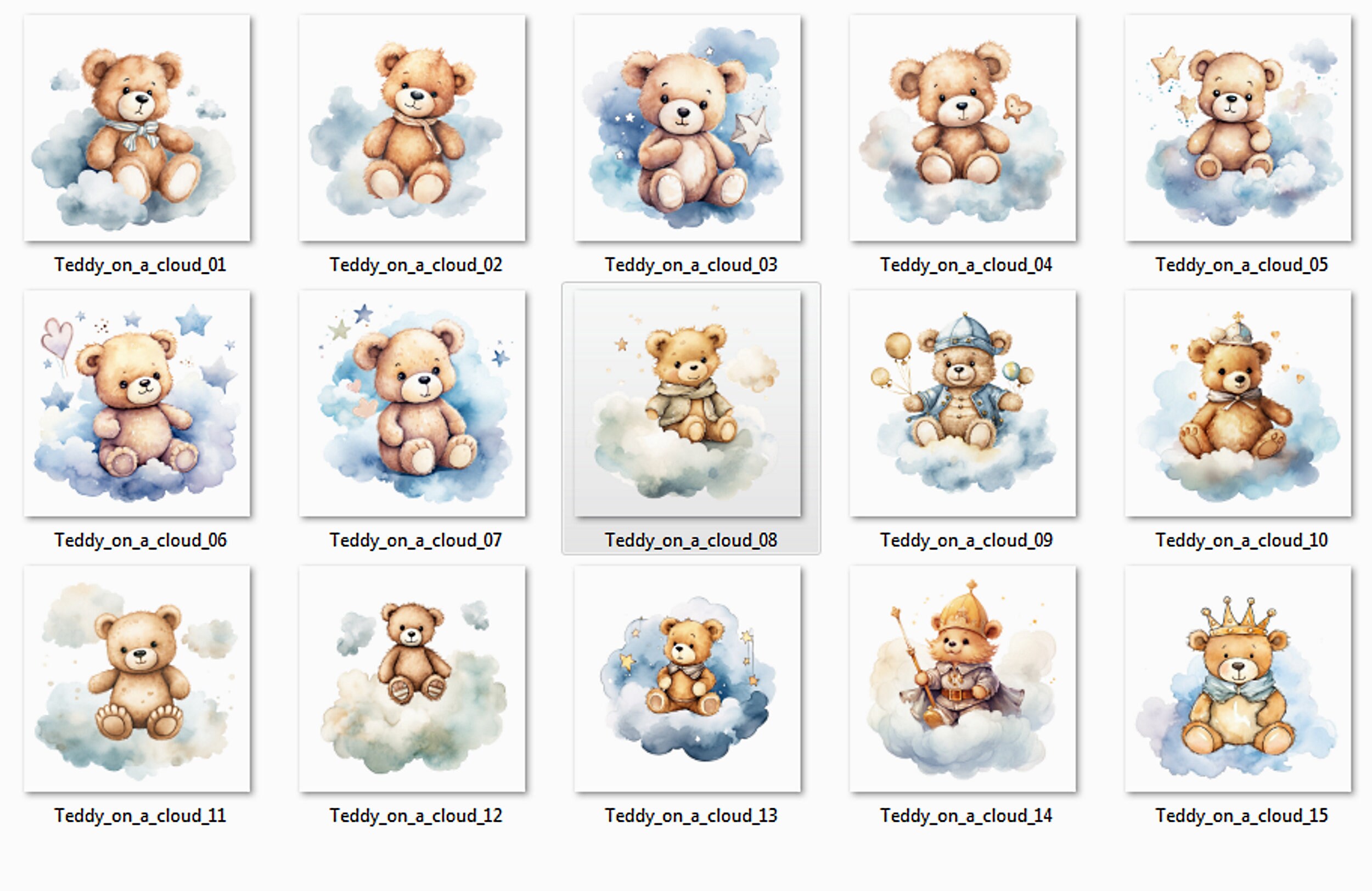 Teddy Bear on a Cloud Watercolor Clipart Bundle 15 PNGJPG Graphics,cute ...
