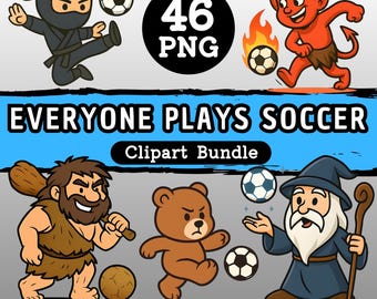 All Play Soccer Clipart Bundle – 46 PNG Figures | Transparent | Funny Characters Playing Soccer | DIY + Commercial | Download