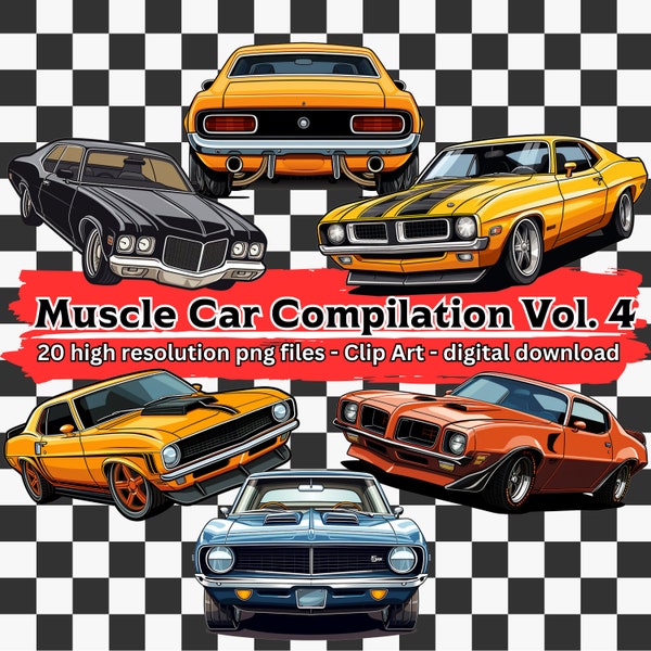 Muscle Car Clipart Bundle Vol. 4, 20 Retro Classic Car Clip Art Set, classic car illustrations, transparent PNG files, digital download