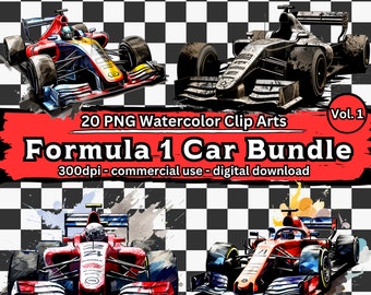 Formula 1 Watercolor Clipart Bundle Vol. 1, 20 Formula 1 Watercolor Motorsport Clip Art Set, transparent PNG files, digital download, DIY