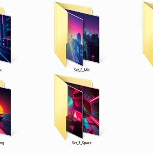 May include: Five yellow file folders, each containing a different digital art image. The images feature cityscapes, racing scenes, and abstract designs with vibrant colors. The folders are labeled "Set_1_Mix" through "Set_5_Space".