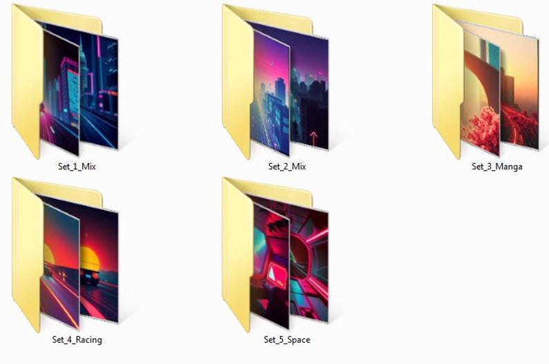 May include: Five yellow file folders, each containing a different digital art image. The images feature cityscapes, racing scenes, and abstract designs with vibrant colors. The folders are labeled "Set_1_Mix" through "Set_5_Space".