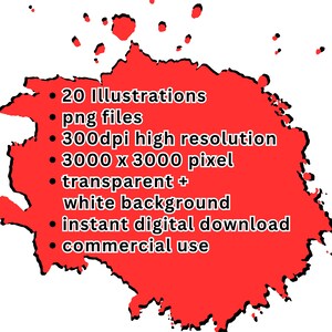 Op de afbeelding: Een rode splatter-paint-afbeelding met witte tekst die luidt: 20 illustraties, png-bestanden, 300 dpi hoge resolutie, 3000 x 3000 pixels, transparant + witte achtergrond, directe digitale download, commercieel gebruik.