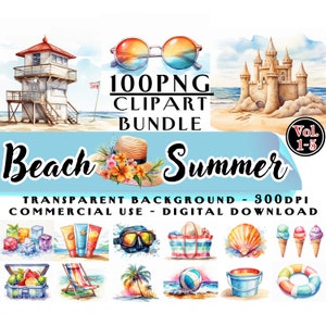 Summer Beach Mega Clipart Bundle Vol.1 - Vol.5, 100 transparent PNG, Summer Vacation Beach Watercolor Clip Arts, Watercolor Clip art, Hobby DIY