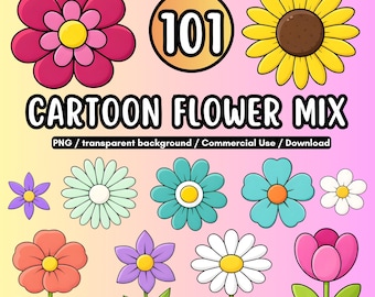 101 Cartoon Flower Clipart Bundle – Cute Flower PNG Set, Kawaii Flower Illustrations – Doodle Flowers – Commercial Use – Download