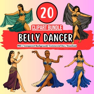 Puede incluir: Un paquete de imágenes prediseñadas digitales con seis ilustraciones de bailarinas de la danza del vientre en varias poses y atuendos. Las bailarinas visten trajes ornamentados en tonos de azul, verde, morado y negro. La imagen incluye el texto "20 Clipart Bundle Belly Dancer".