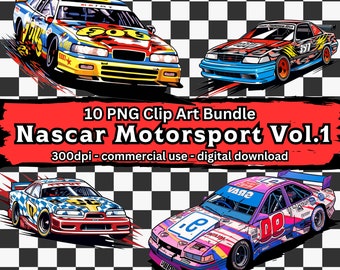 NASCAR Clipart Bundel Vol. 1, Set van 10 Stock Car Motorsport Raceauto Clip Art, transparante PNG-bestanden, digitale download, commercieel gebruik