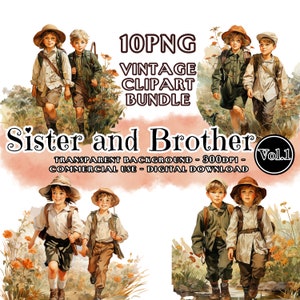 Sister and Brother in Nature Vintage Clipart Bundle Vol.1, 10 Brother and Sister Clip Arts, transparent PNG format, Hobby DIY, Kids, digital