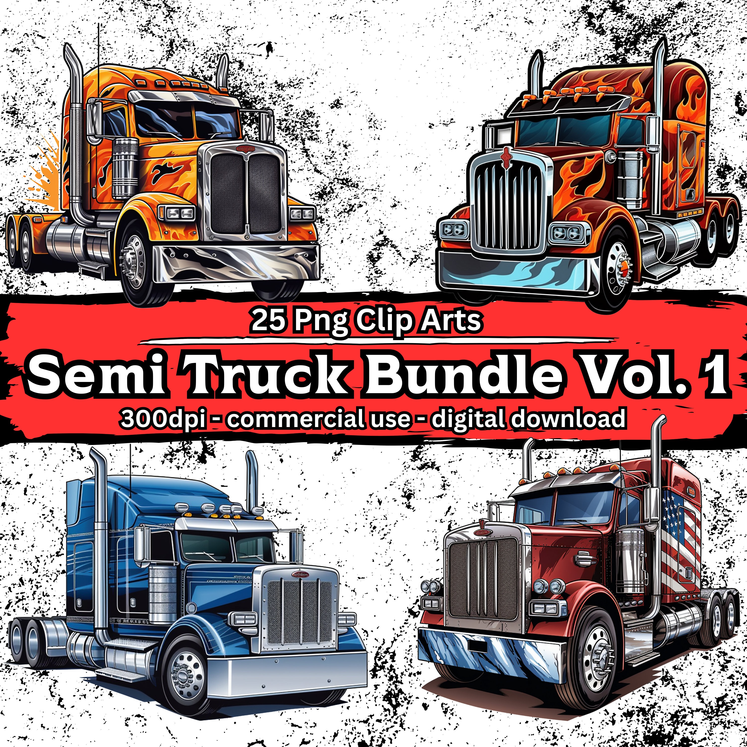 Semi Truck Clipart Bundle Vol. 1, 25 Truck/Lorry Clip Art Set, Truck/Vehicle Illustrations, Transparent PNG Files, Digital Download, DIY