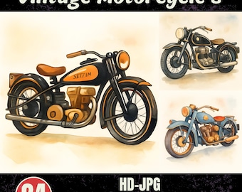 24 Vintage Motorcycle Clipart Bundle – Watercolor Illustrations | JPG Stickers I Retro Motorcycle I Scrapbooking I Junk Journal I Download