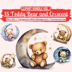 15 Ours en peluche et croissant aquarelle Clipart Bundle Vol.1 | Graphiques PNG+JPG, ours en peluche mignons et ensemble d’images clipart croissant de lune, téléchargement instantané, bricolage