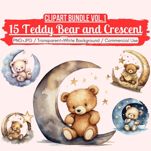 15 teddybeer en halve maan aquarel clipart bundel vol.1 | PNG+JPG-afbeeldingen, schattige teddyberen en halve maan clip art set, direct downloaden, DIY