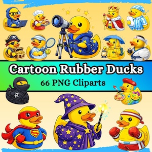 May include: A collection of cartoon rubber duck cliparts. The ducks are dressed in various costumes, including a ninja, superhero, wizard, and boxer. The image includes the text "Cartoon Rubber Ducks" and "66 PNG Cliparts."