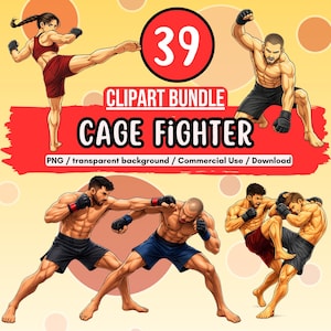 Puede incluir: Ilustración digital de un paquete de imágenes prediseñadas de luchadores de jaula. La imagen presenta múltiples ilustraciones de luchadores en acción, con el texto "CAGE FIGHTER" y "39" en un círculo rojo. Los luchadores están en varias poses.