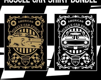 2 Muscle Car T-Shirt Designs – Retro Style PNG Graphics | 70s Car Shirt Designs | 4500x5400px | Transparent | Commercial License
