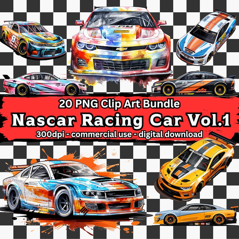 Op de afbeelding: Een digitale clip art-bundel met 20 NASCAR-raceauto's. De auto's zijn ge&iuml;llustreerd in een cartoon-stijl met felle, kleurrijke kleurschema's. De auto's zijn geplaatst tegen een geruite vlaggenachtergrond.