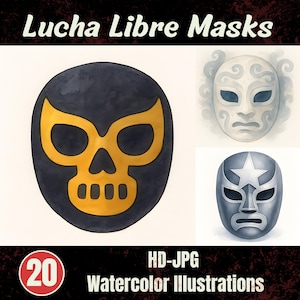May include: Watercolor illustrations of Lucha Libre masks. The image features three masks: a black mask with a gold skull design, a white mask with a decorative pattern, and a silver mask with a white star. The text "Lucha Libre Masks" is at the top.