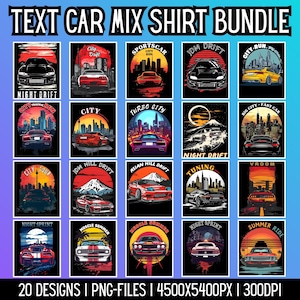 20 Car T-Shirt Design Bundle with Text - PNG Car Graphics - 4500x5400px - JDM, Muscle, Drift, City Style - Commercial License I Download