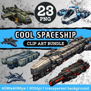 以下が含まれることがあります： グレー、グリーン、ブラックの色合いの様々な宇宙船のデザインを特徴とするデジタルクリップアートバンドル。「COOL SPACESHIP CLIP ART BUNDLE」のテキストが青いバナーに表示され、黒い円の中に「23 PNG」があります。