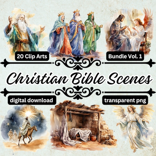 Christian Bible Scenes Clipart Bundle Vol.1, watercolor style, Christian Bible Church Scenes Clip Arts, 20 transparent PNG images, hobby DIY